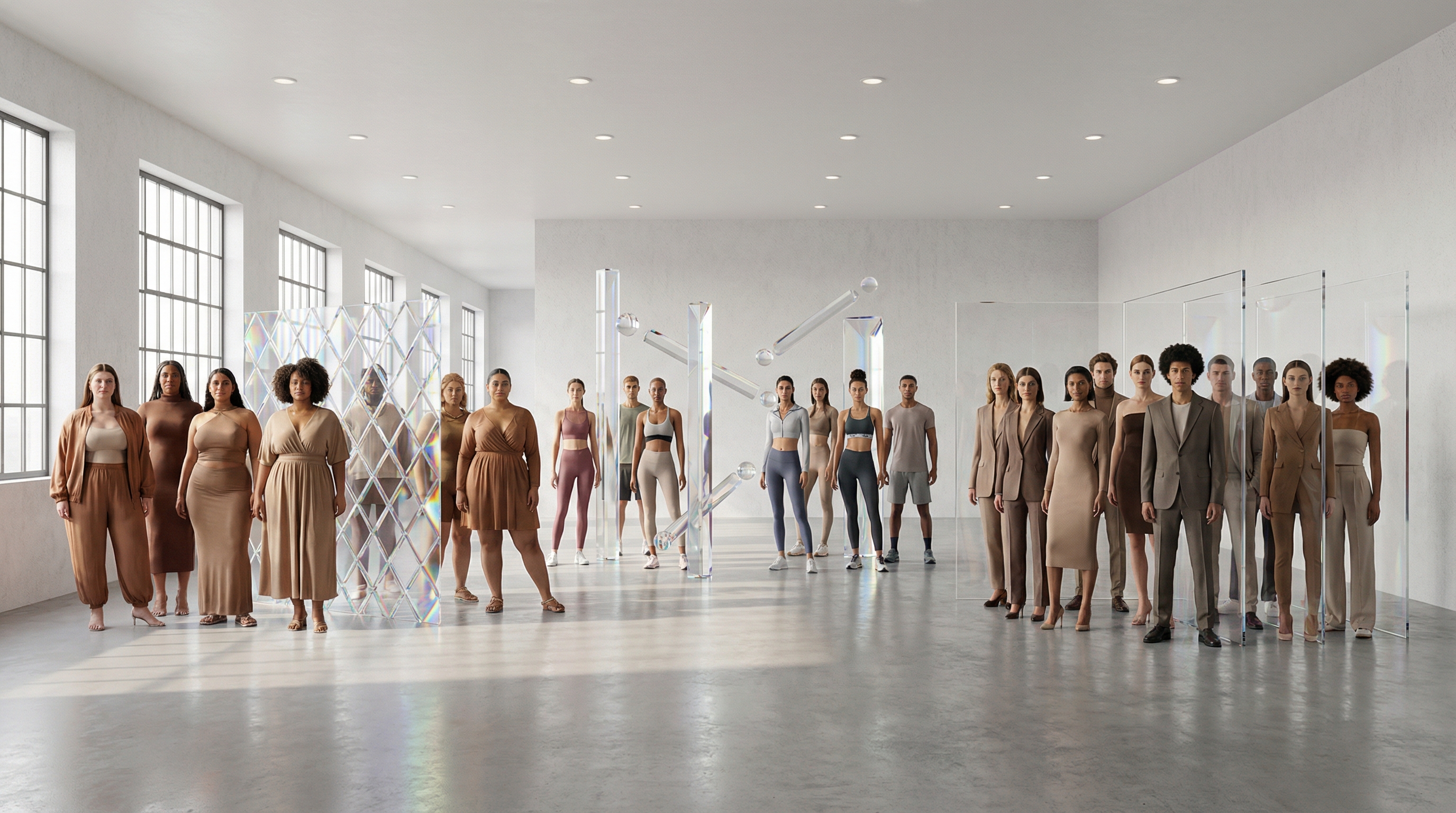 Grid of diverse AI-generated fashion models showing different ages, body types, ethnicities, and styles for inclusive fashion marketing