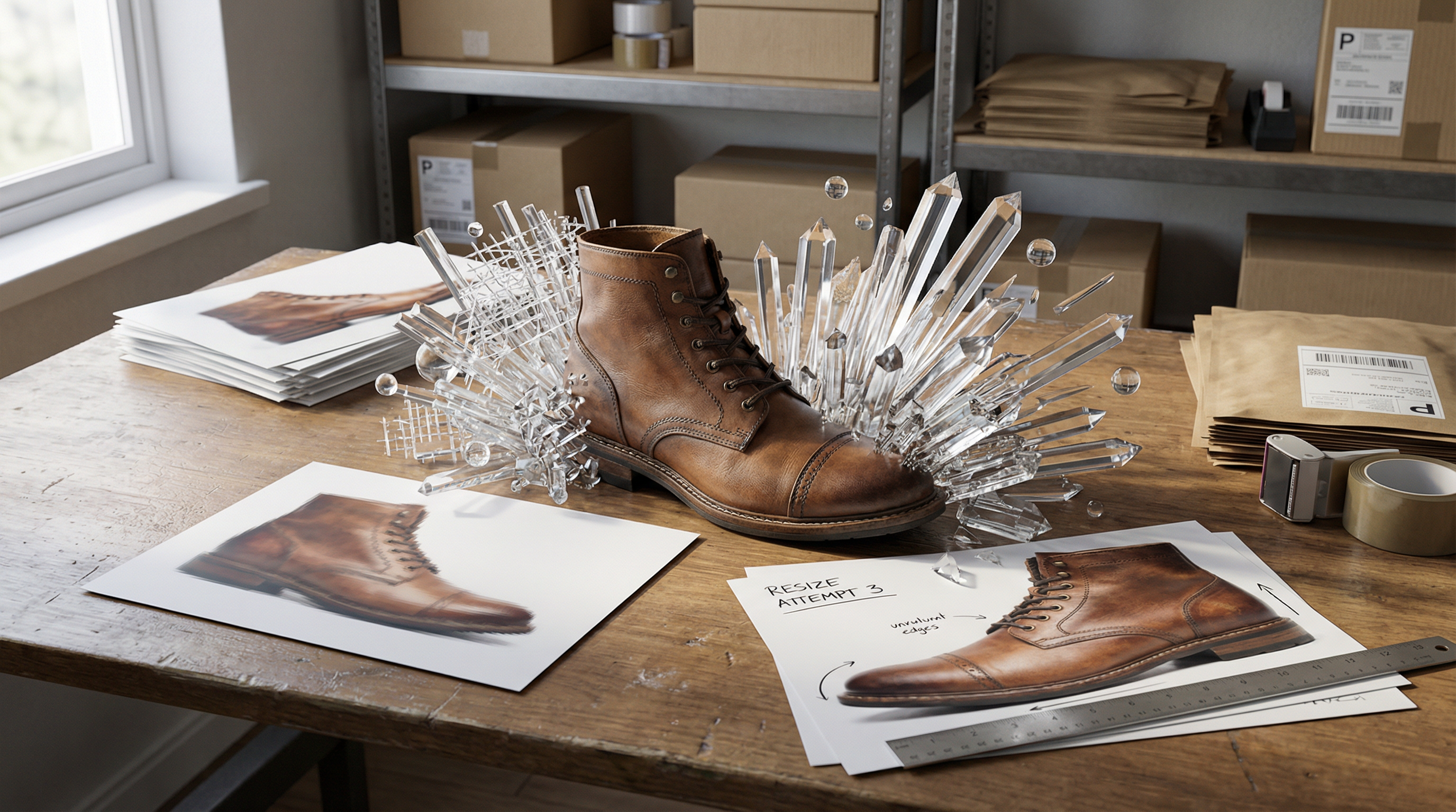 AI image enhancement comparison showing low resolution product image transformed to crisp 4K quality with added detail