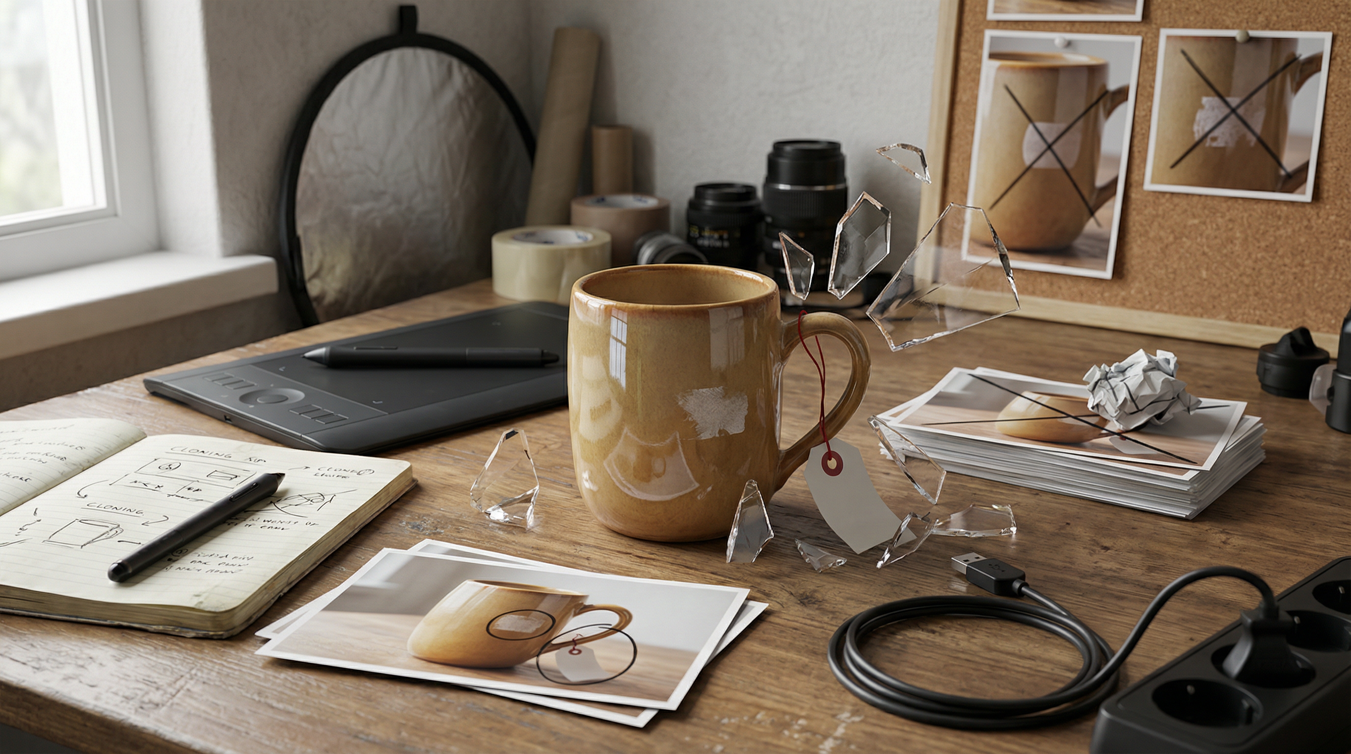 AI object removal demonstration showing a product photo with unwanted items removed and background seamlessly reconstructed