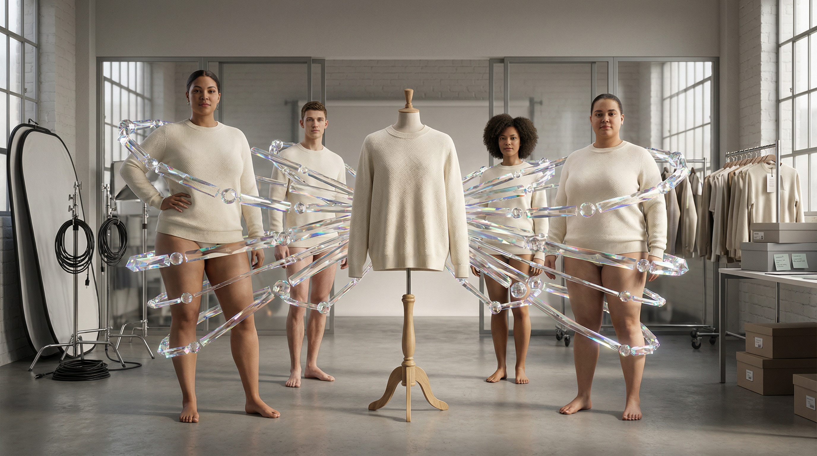 AI Product Try-On demonstration showing clothing placed on diverse AI-generated fashion models with perfect accuracy and natural poses