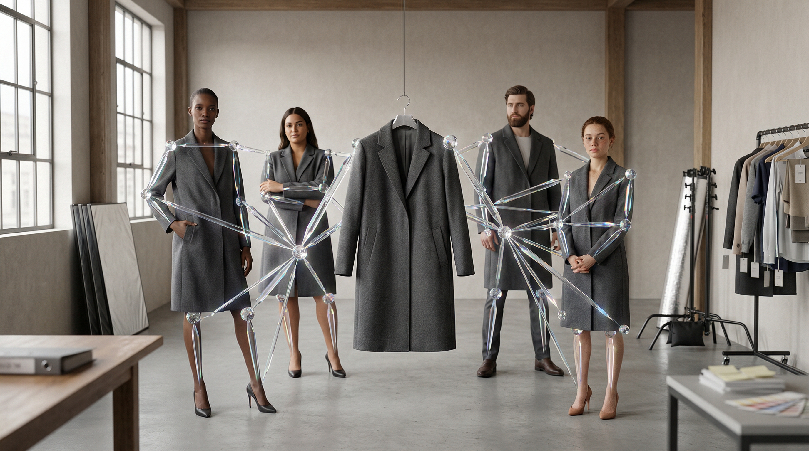 AI-generated lookbook page showing complete outfit combinations with coordinated styling and professional fashion photography aesthetic