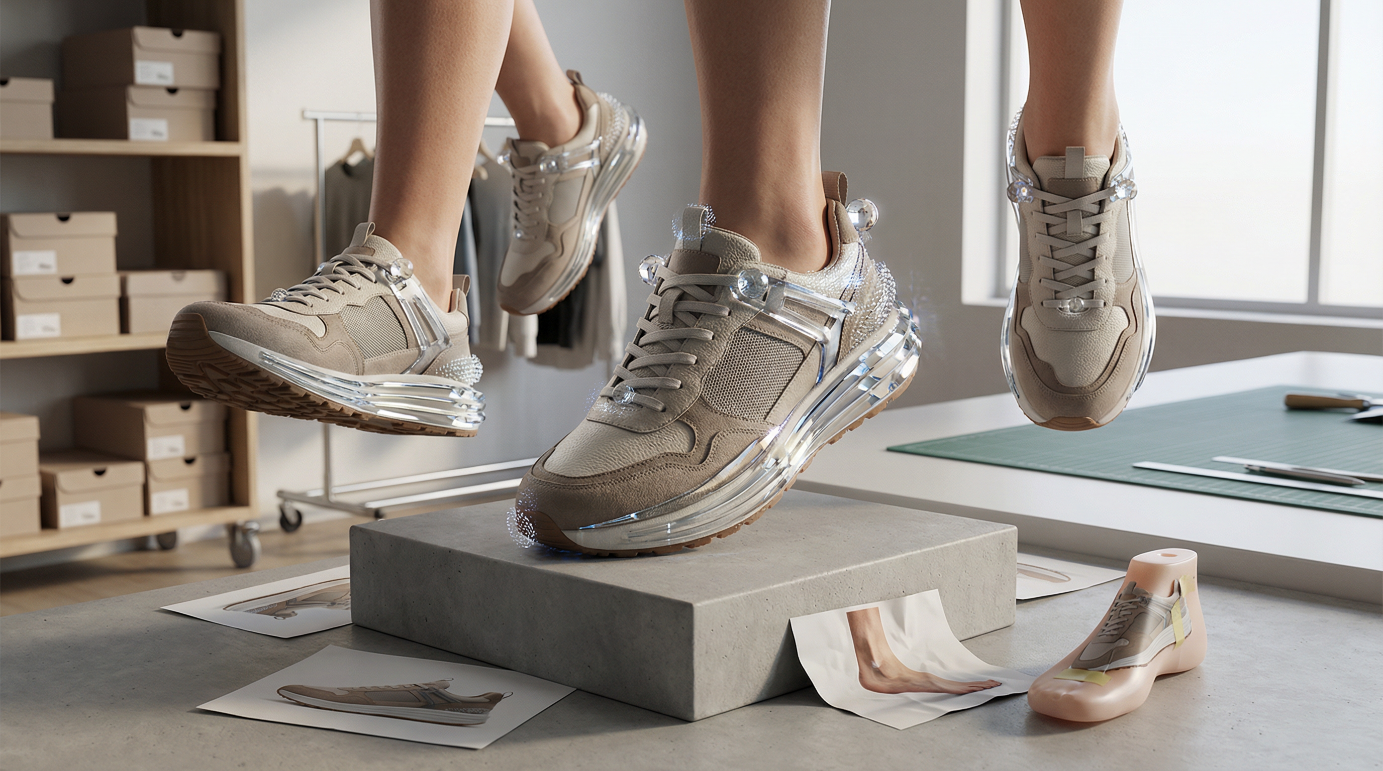 Close-up of AI-generated on-foot shoe photography showing realistic lacing, natural strap positioning, and accurate sole flexibility