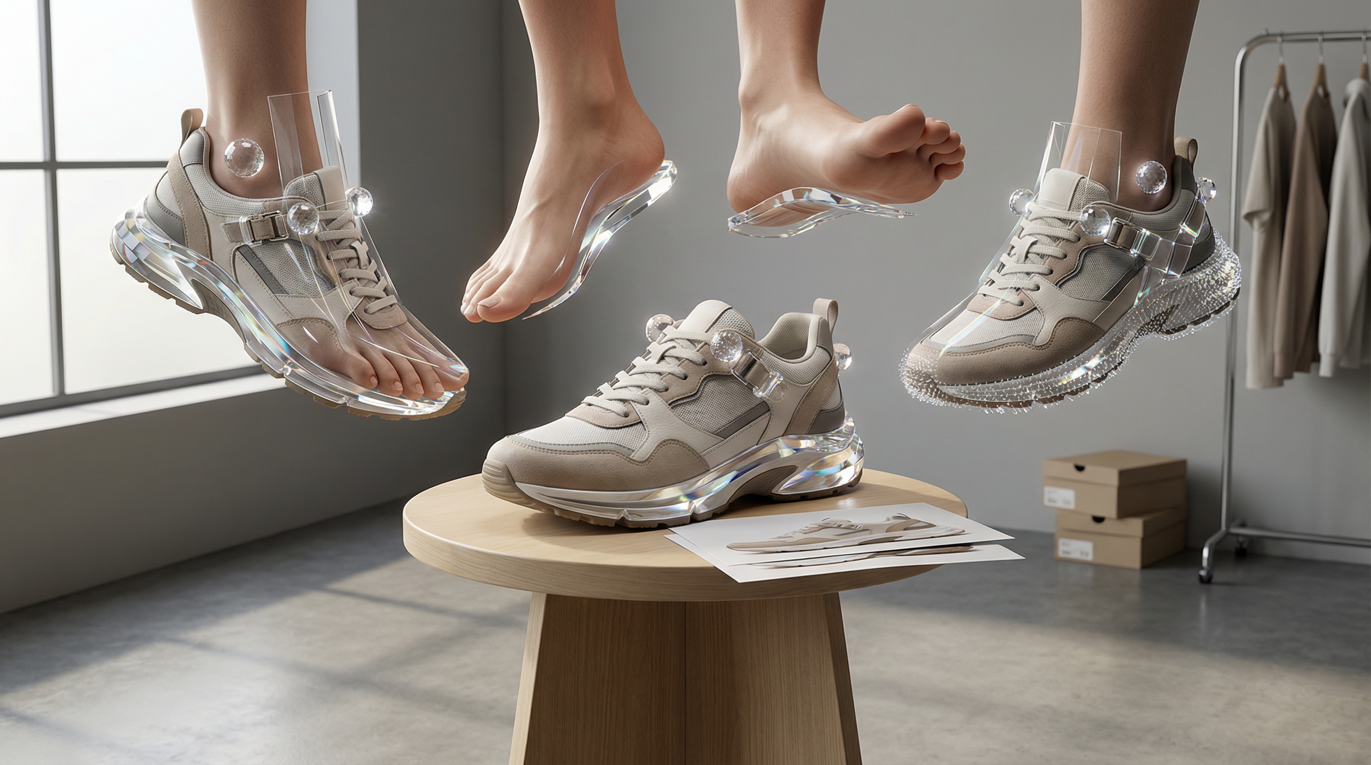 AI Shoe Try-On demonstration showing various footwear styles placed on AI-generated feet with natural positioning and professional lighting