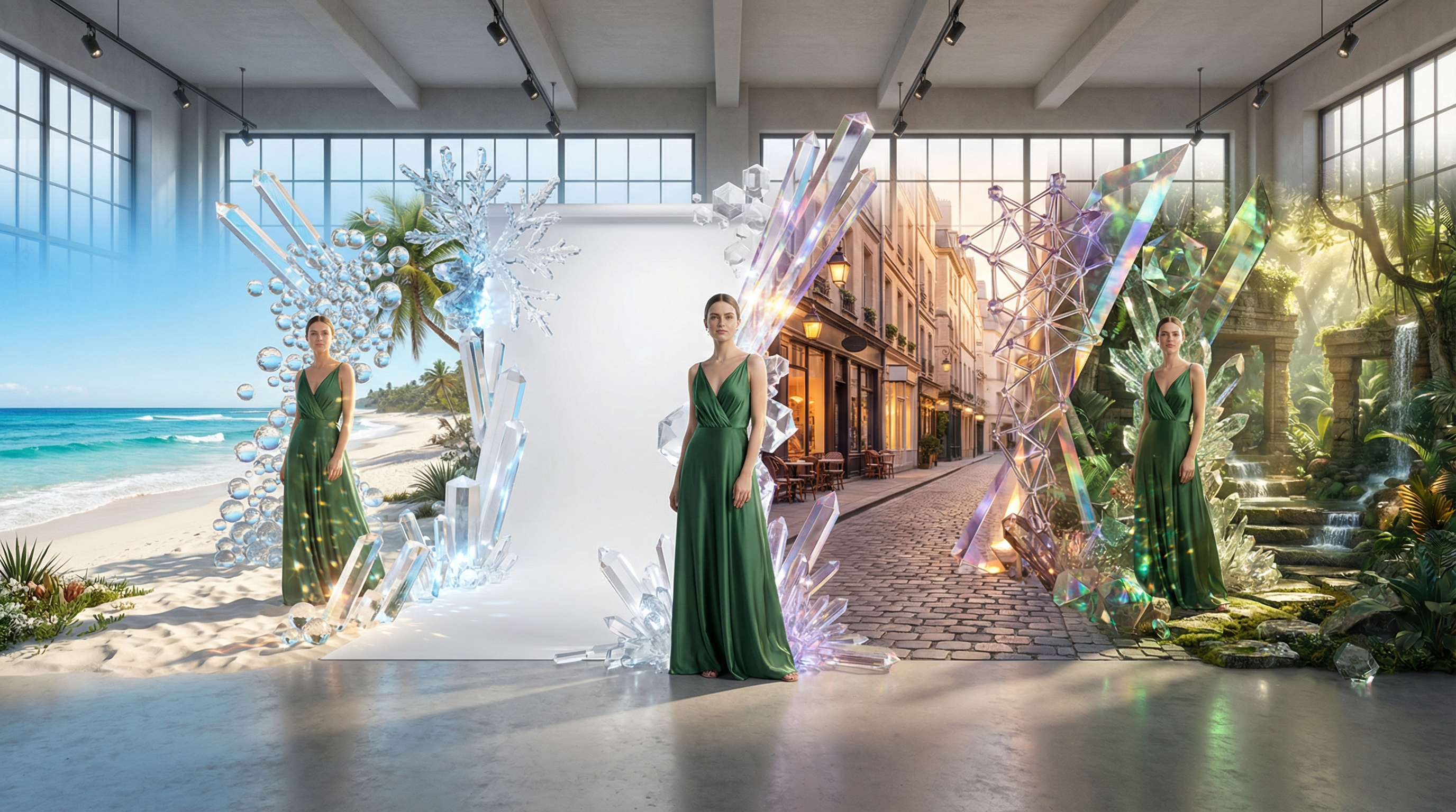 Fashion model placed in multiple environments using AI Model Backgrounds: studio, urban street, beach, and luxury interior settings