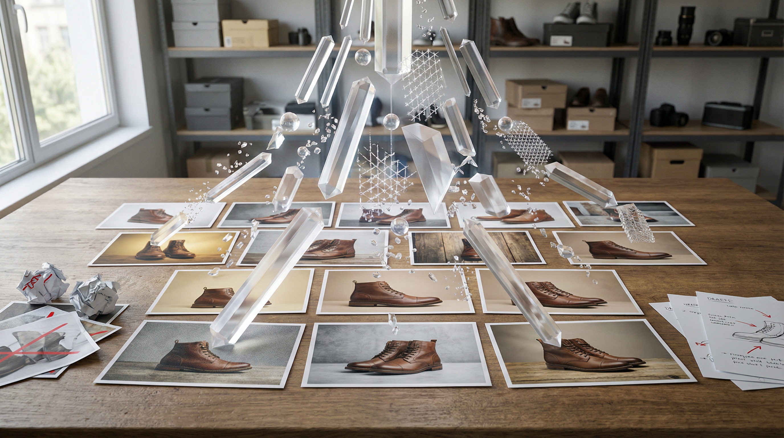 Product images transformed for different seasons: summer golden hour, winter cool tones, and holiday festive styling